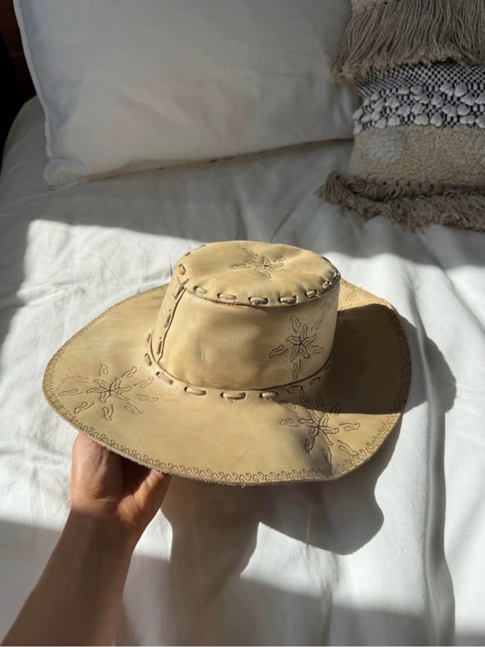 Women’s Wide-Brim Embroidered Leather Hat - Tan